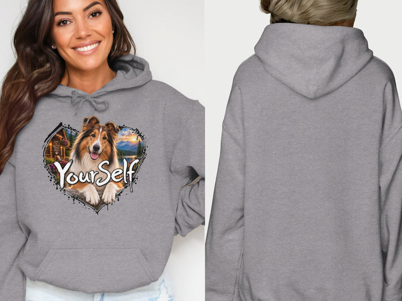 Load image into Gallery viewer, Grey hoodie with a heart-shaped graphic featuring a dog and text "YourSelf".
