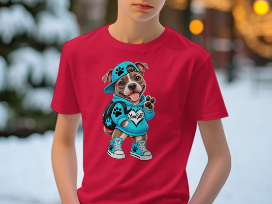 Pitbull dog wearing blue hoodie and sneakers with 