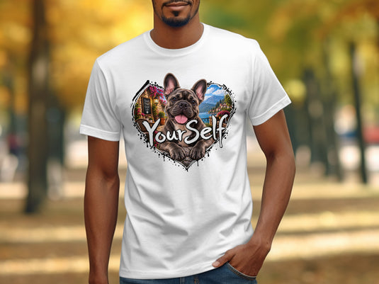 White t-shirt with a French bulldog and scenic heart graphic with "YourSelf" text.