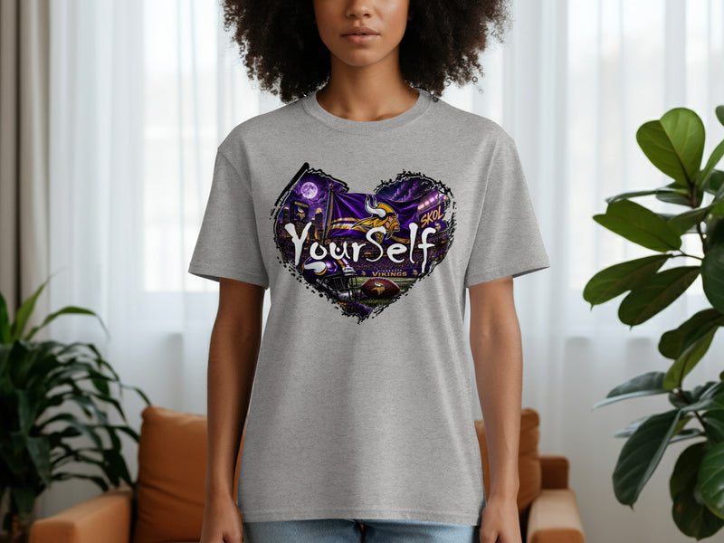 Load image into Gallery viewer, Grey t-shirt with a heart-shaped Minnesota Vikings graphic featuring "Yourself" text.
