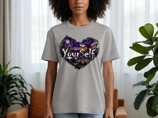 Grey t-shirt with a heart-shaped Minnesota Vikings graphic featuring "Yourself" text.
