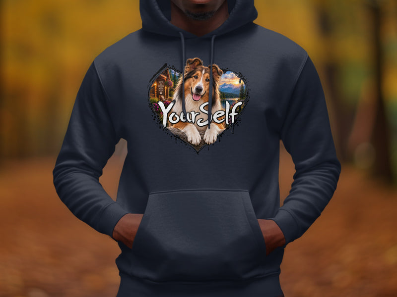 Load image into Gallery viewer, Collie dog in heart-shaped landscape with text "YourSelf" on navy hoodie.

