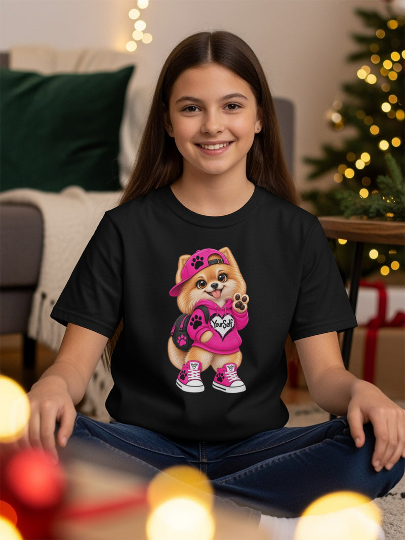 Load image into Gallery viewer, Black t-shirt with illustration of a cartoon Pomeranian dog wearing a pink hat and hoodie.
