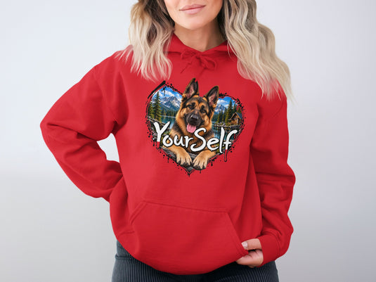 Red hoodie with a German Shepherd in a heart-shaped mountain and lake scene.