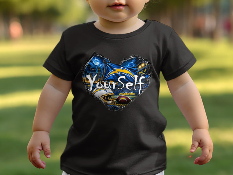 Load image into Gallery viewer, Toddler wearing a black t-shirt with a Los Angeles Chargers design.

