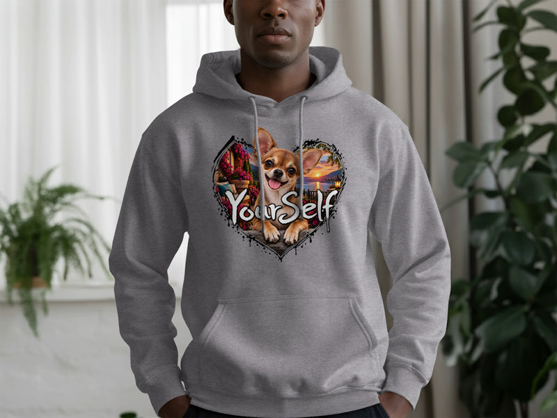 Load image into Gallery viewer, Grey hoodie with a heart graphic of a happy chihuahua and the text "Your Self".

