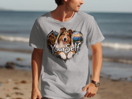 Grey t-shirt with heart graphic featuring a dog and text "Your Self".