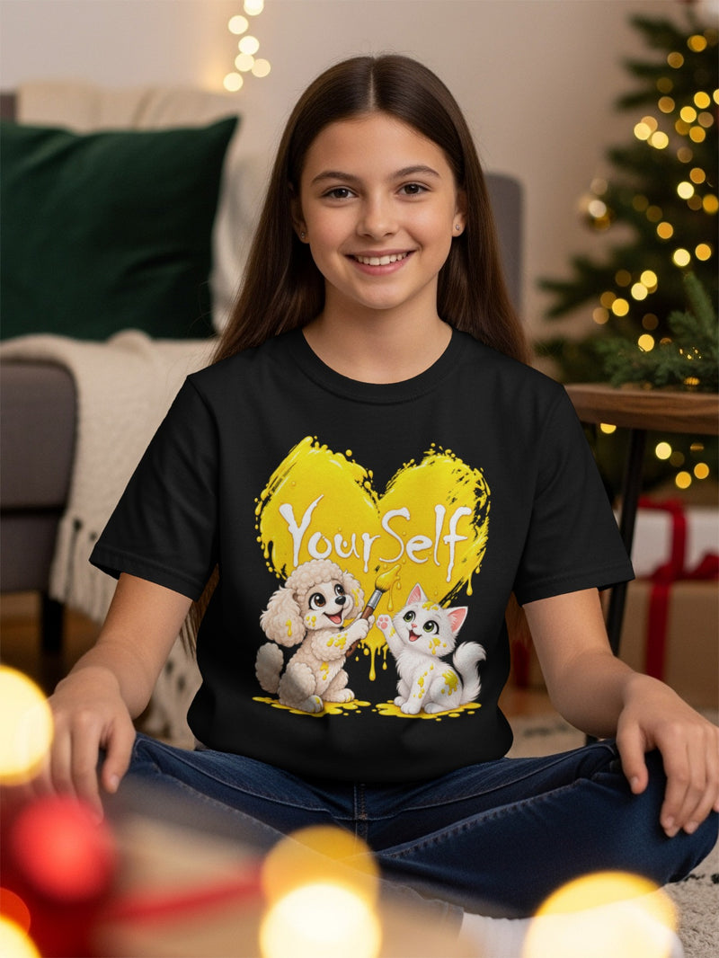 Load image into Gallery viewer, Black t-shirt with a dog and cat painting a yellow heart that says "YourSelf".
