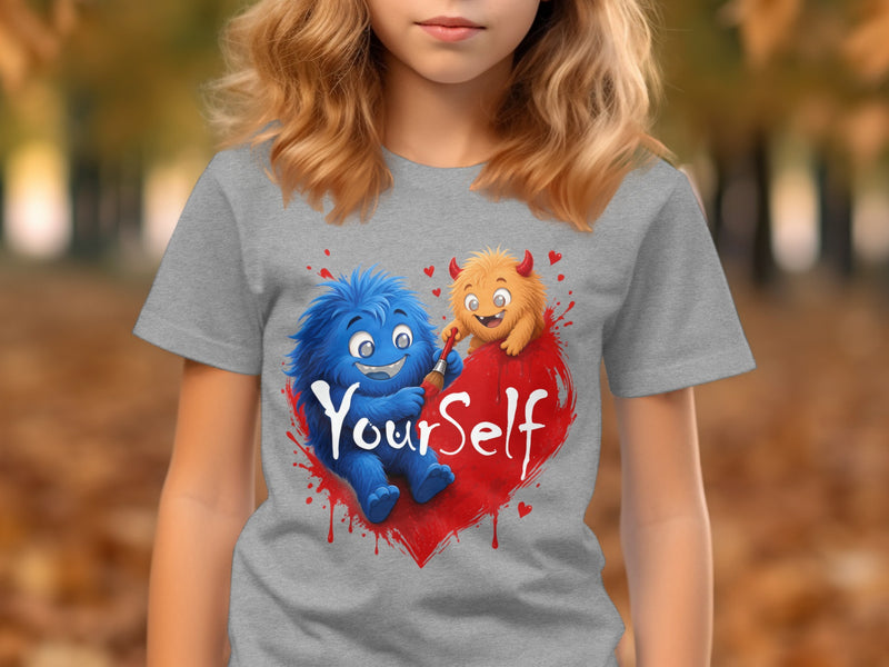 Load image into Gallery viewer, Gray t-shirt with cartoon monsters painting the word "Yourself" on a red heart.
