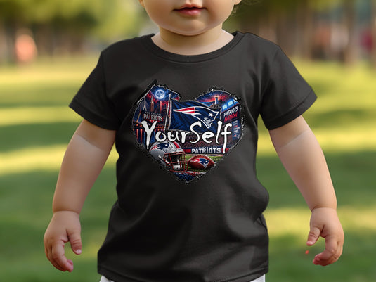 Black t-shirt with New England Patriots heart graphic, helmet, and football.
