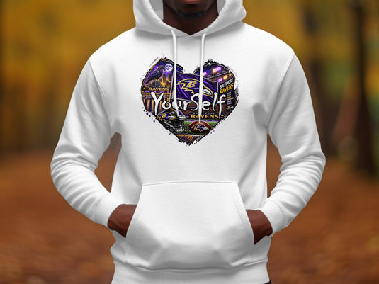 White hoodie with a heart-shaped Baltimore Ravens graphic featuring 