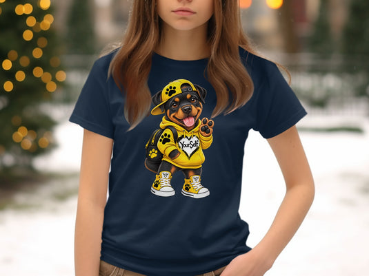Rottweiler dog in yellow hoodie and sneakers with 
