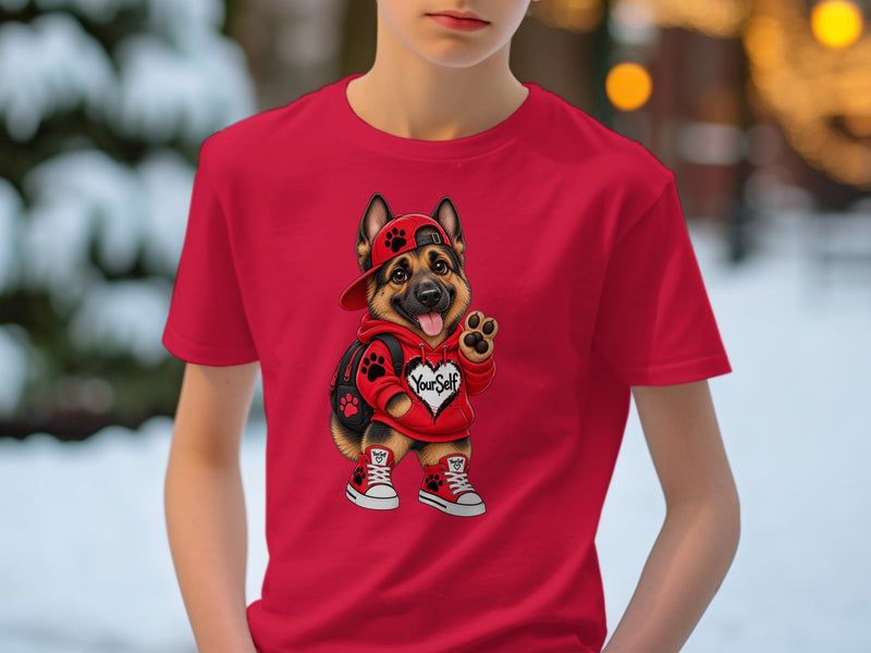 Load image into Gallery viewer, German Shepherd puppy wearing a red hoodie, baseball cap, backpack, and sneakers.
