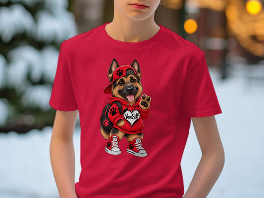 German Shepherd puppy wearing a red hoodie, baseball cap, backpack, and sneakers.