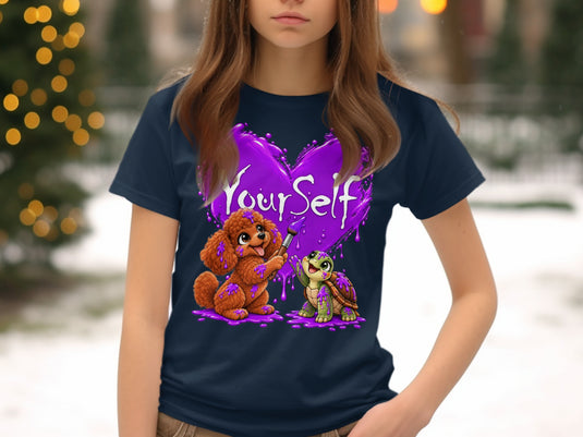 Dog and turtle paint a purple heart with 