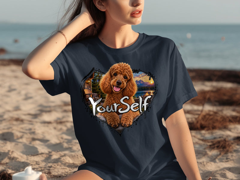 Load image into Gallery viewer, Dark blue t-shirt with a graphic of a poodle in a heart-shaped scene with the text "YourSelf".
