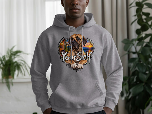 Grey hoodie with a heart-shaped graphic of a dog and 