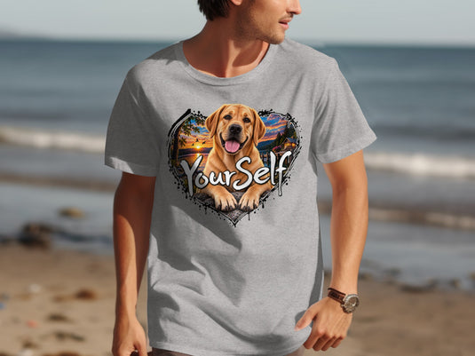 Labrador dog in heart-shaped frame with sunset, text 