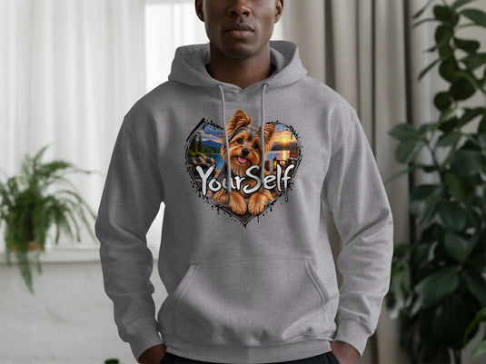 Grey hoodie with a Yorkshire Terrier in a heart shaped landscape and the text "Your Self".