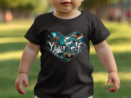 Black t-shirt on child featuring Miami Dolphins logo, football, helmet, and text 