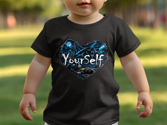 Black t-shirt with a heart graphic featuring the Carolina Panthers logo, football, and stadium.