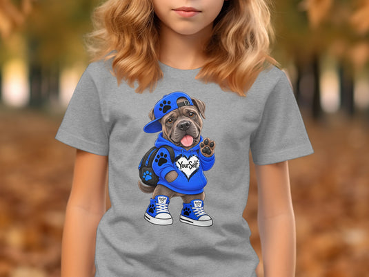 Dog wearing blue hoodie, cap, and sneakers with text "YourSelf".