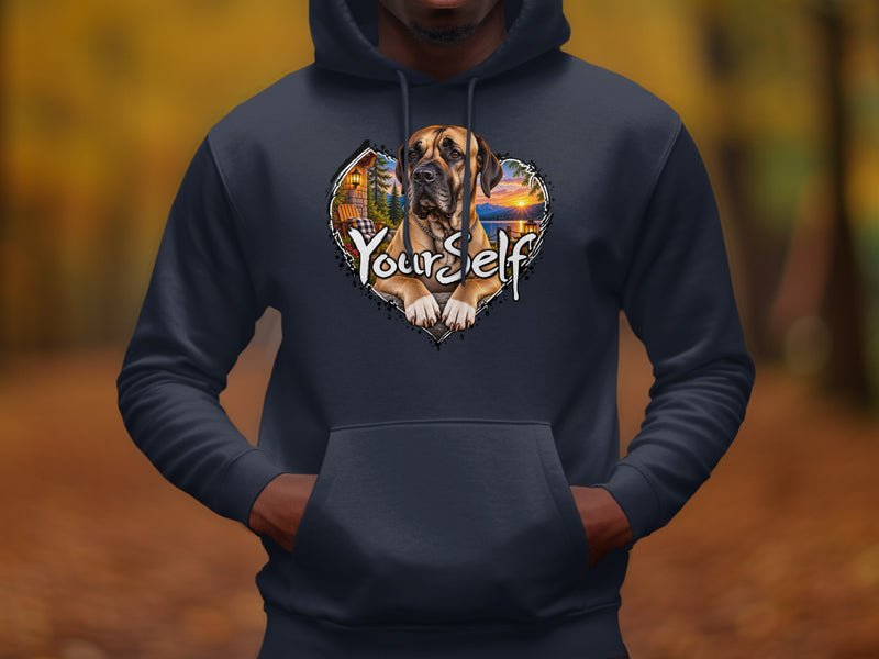 Load image into Gallery viewer, Great Dane in heart shaped frame with "Yourself" text on dark hoodie

