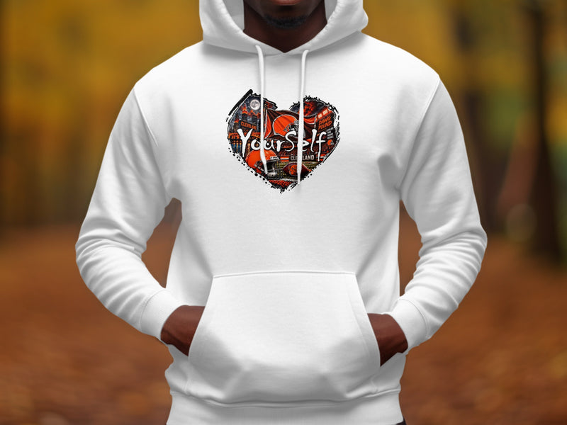 Load image into Gallery viewer, White hoodie with a heart-shaped graphic of Cleveland Browns football imagery and text.

