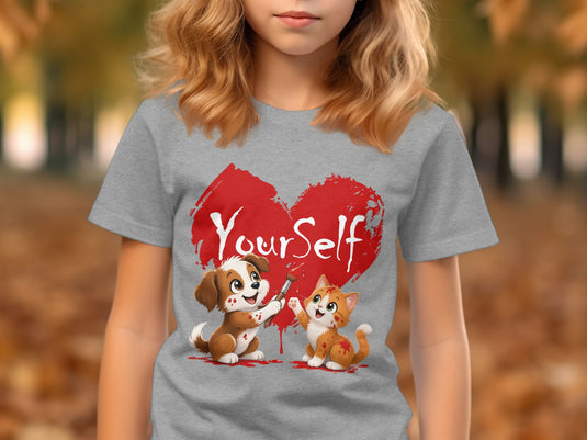 Grey t-shirt with cartoon dog painting "YourSelf" inside a red heart.