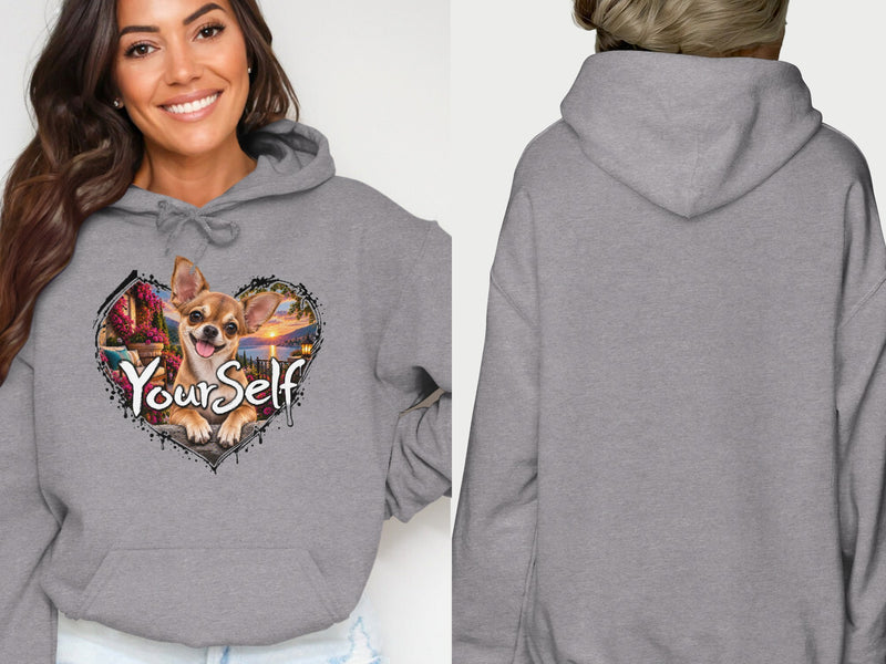 Load image into Gallery viewer, Grey hoodie with a heart graphic featuring a chihuahua and the text "Your Self".
