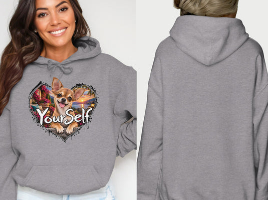 Grey hoodie with a heart graphic featuring a chihuahua and the text "Your Self".
