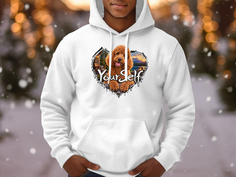 Load image into Gallery viewer, White hoodie with a heart-shaped graphic of a poodle and the text "Your Self".
