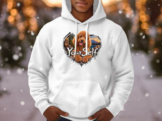 White hoodie with a heart-shaped graphic of a poodle and the text "Your Self".