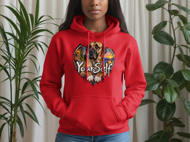 Load image into Gallery viewer, Red hoodie with a heart graphic featuring a dog and the text "Your Self".
