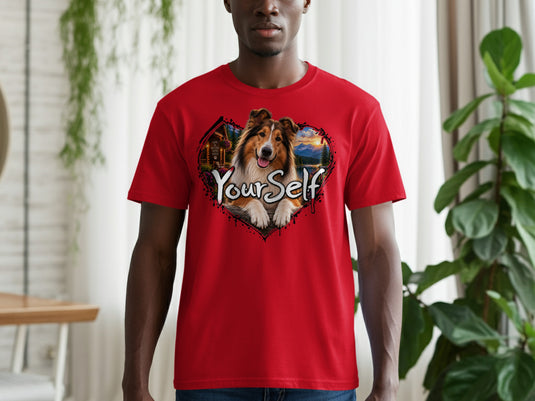 Red t-shirt with a heart graphic featuring a dog, cabin, and mountains.