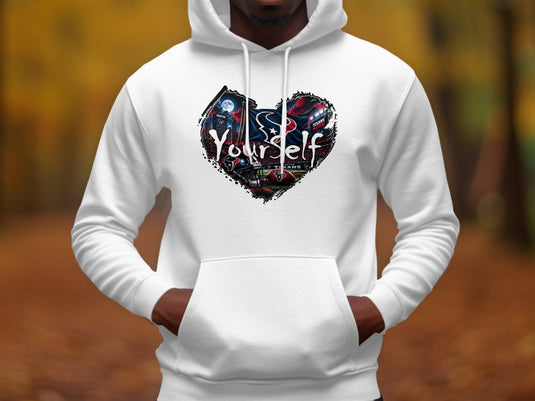 White hoodie with a heart-shaped graphic featuring the Houston Texans logo, stadium, and football.