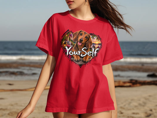Red t-shirt with a heart graphic featuring a dachshund and 