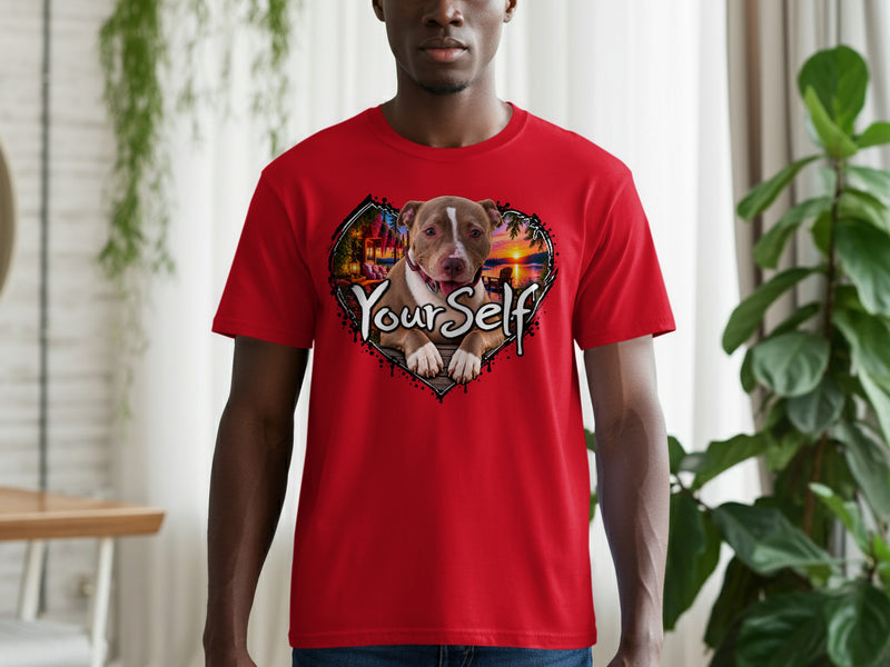 Load image into Gallery viewer, Red t-shirt with a pitbull in a heart frame at a sunset beach scene.
