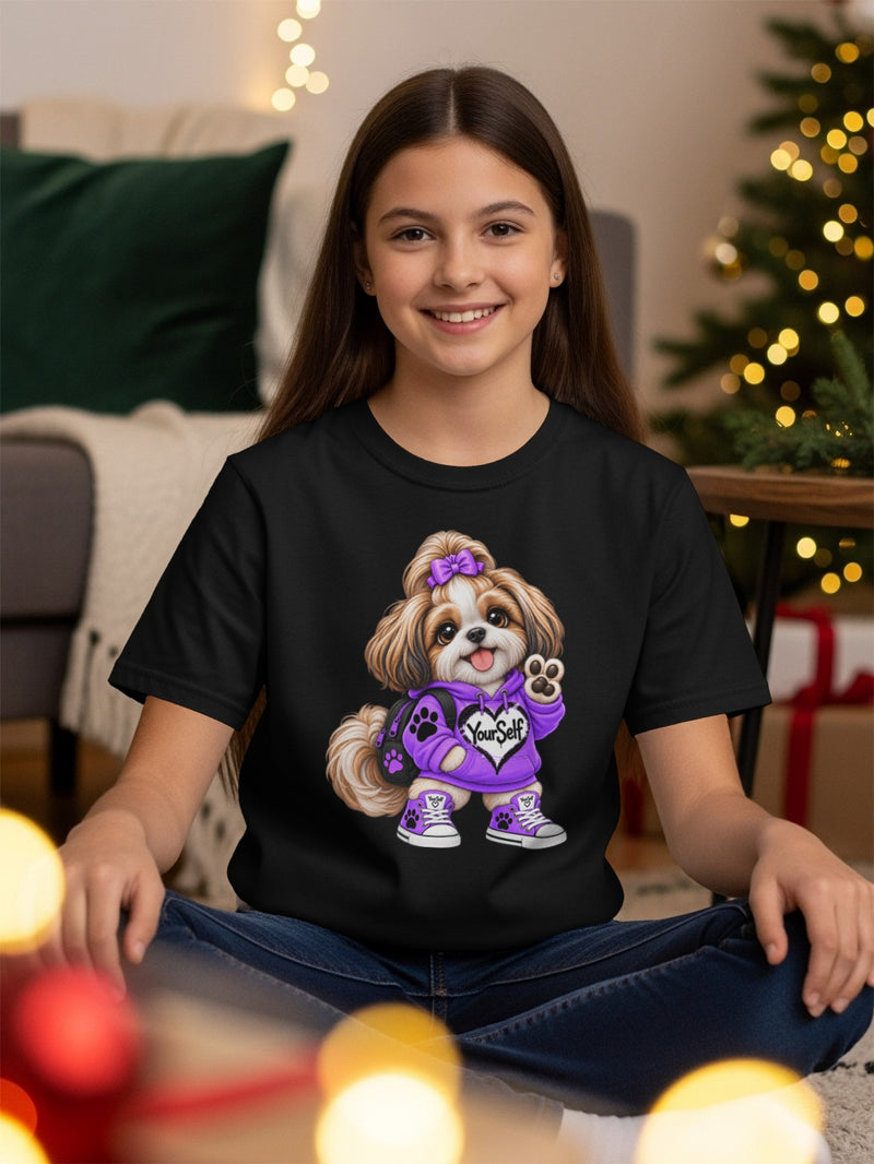 Load image into Gallery viewer, Black t-shirt with a cute Shih Tzu puppy graphic wearing a purple hoodie.
