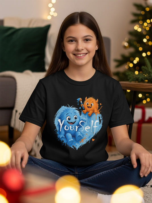 Black t-shirt with blue and orange monsters inside a blue heart graphic that says "YourSelf".