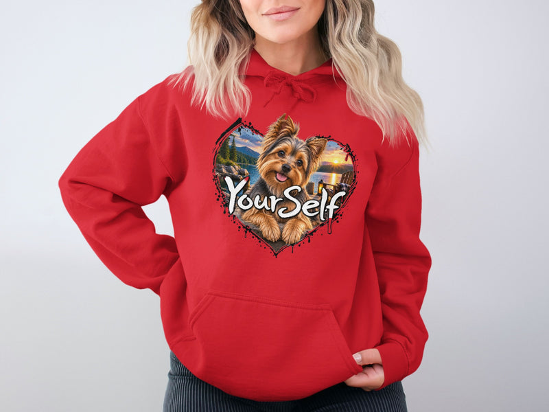 Load image into Gallery viewer, Red hoodie with a heart-shaped graphic of a Yorkshire Terrier and the text "Your Self."
