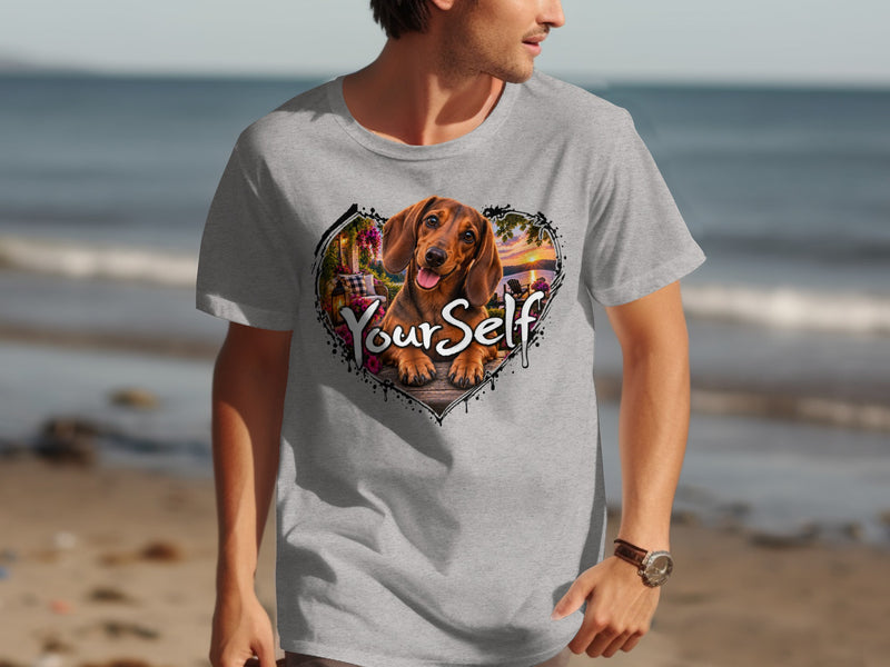Load image into Gallery viewer, Grey t-shirt with a heart graphic featuring a dachshund and the words "Your Self".
