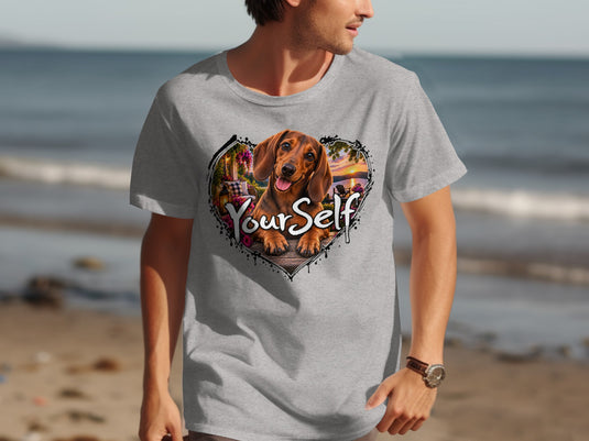 Grey t-shirt with a heart graphic featuring a dachshund and the words "Your Self".