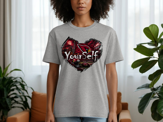 Grey t-shirt with heart graphic featuring Arizona Cardinals logo, football, and stadium.