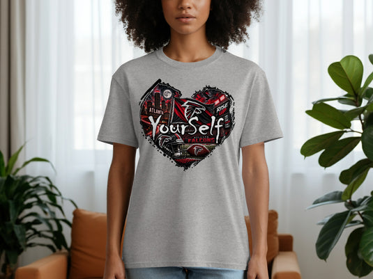 Atlanta Falcons heart graphic with city skyline, football, and text.