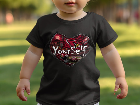Black t-shirt featuring a heart graphic with Arizona Cardinals football imagery and 