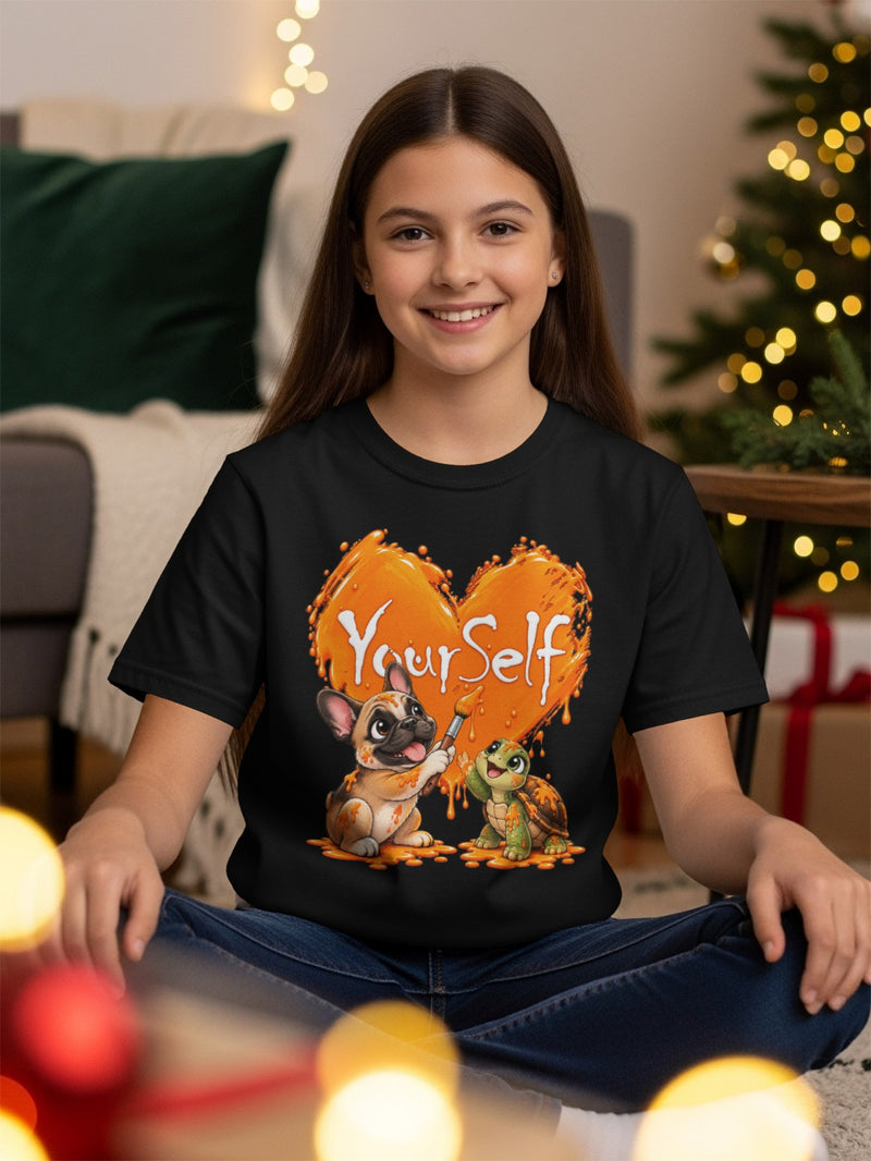Load image into Gallery viewer, Black t-shirt with French bulldog and turtle painting "Your Self" on orange heart.
