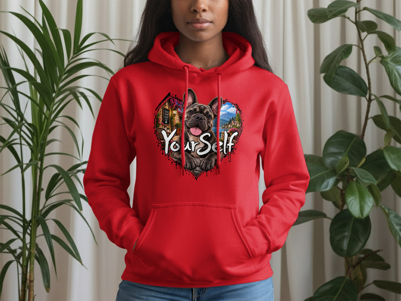 Load image into Gallery viewer, Red hoodie with a French bulldog heart graphic and "Yourself" text.
