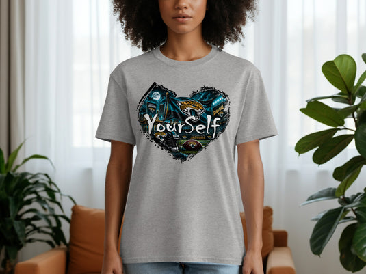 Grey t-shirt with a heart-shaped graphic featuring Jacksonville Jaguars imagery and "Yourself" text.