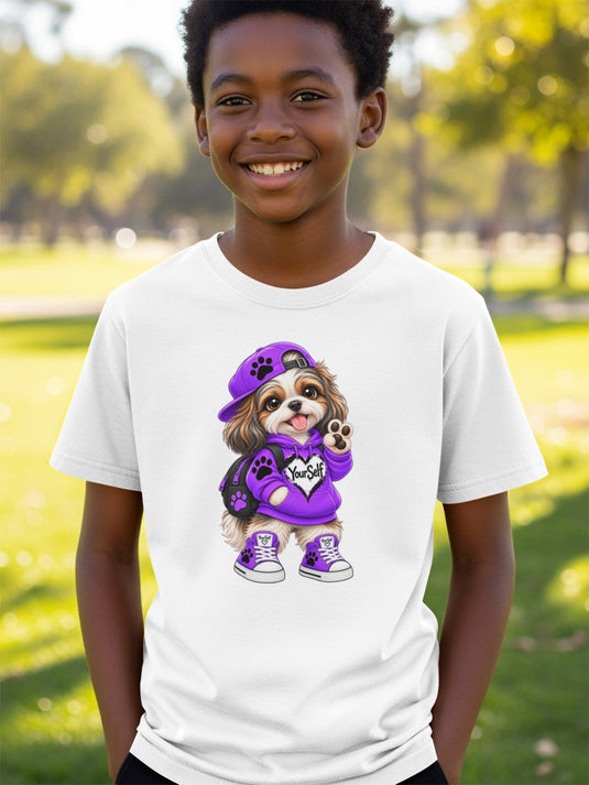 White t-shirt with cartoon dog wearing purple hoodie, cap, and sneakers, with "YourSelf" text.